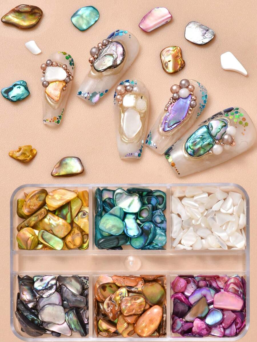 1 caja/6 rejillas Decoraciones de conchas trituradas multicolor asimétricas para manualidades de manicura, suministros para uñas, encantos para uñas, gemas para uñas - Multicolor - Ver 1