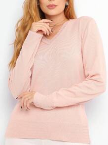 Basic Spandex Sweater Blouse V-Neck Mesh Knitting Long Sleeve - Màu hồng gỉ - Xem 2
