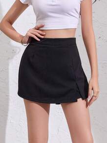 Culottes de mujer de cintura alta adelgazantes con temperamento irregular de color sólido - Negro - Ver 2