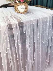 1pc Faux Pearl Decor Table Runner, Wedding White Pearl Tulle Tablecloth, Wedding Arch Decoration Reception Bridal Shower, Party Decoration, Chair Streamer, Event Background Wall Decor,Christmas