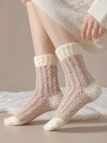 1 Cặp tất lông mềm mại cho nữ, dép đi trong nhà, mềm mại, ấm áp, thoải mái, sang trọng, ngủ mùa đông - Màu Khaki - Xem 8