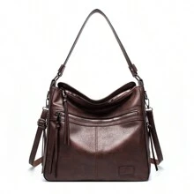 1pc Luxury Handbags Large Capacity Shoulder Bag Solid Color Versatile Underarm Bag Faux Leather Zipper Stylish Tote Bag Vintage Crossbody Messenger Bags Fashion Bag Perfect For Outdoor Travel Work Office Best Gift For Mom, Book Bags For Back To School, Retro Inspired Vintage Bag For Women