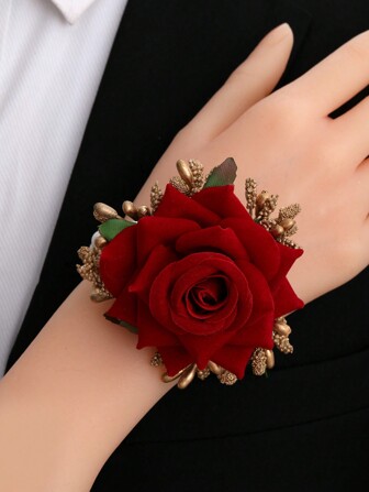 1 件新娘腕花胸花，红玫瑰装饰手链，适合婚礼伴娘、派对、日常佩戴情人节