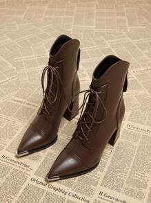 2024 Fall New Women's Elegant Coffee Brown Lace-Up Boots Go With Dress, Chunky Heel High Heeled Pointed Toe Ankle Boots, Fashion Winter Boots For Women - Coffee Brown - View 2