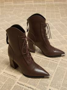 2024 Fall New Women's Elegant Coffee Brown Lace-Up Boots Go With Dress, Chunky Heel High Heeled Pointed Toe Ankle Boots, Fashion Winter Boots For Women - Coffee Brown - View 5