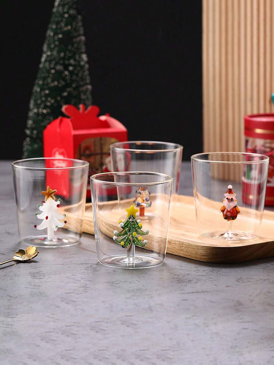 1 Peça Copo de Vidro com Tema de Natal 3D Árvore de Natal/Papai Noel, Copo para Beber Presente de Férias de Natal, Caneca de Café de Borossilicato Alta Resistência para Café da Manhã, Festa - transparente - Visão 1