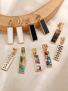 2 件装时尚韩国简约几何方形夹式耳环女士金色彩色树脂无耳洞耳夹 - clip - 查看 2