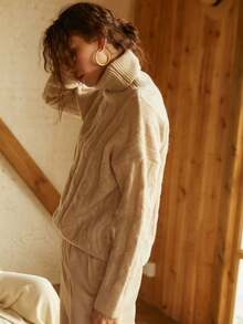 Áo len dệt kim quá khổ thường ngày của French Chic, Áo chui đầu cổ cao thanh lịch với thiết kế dệt kim cáp, Thời trang thu đông chủ đạo cho mùa thu trở lại trường học dành cho phụ nữ - Màu Khaki - Xem 7