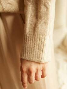 Áo len dệt kim quá khổ thường ngày của French Chic, Áo chui đầu cổ cao thanh lịch với thiết kế dệt kim cáp, Thời trang thu đông chủ đạo cho mùa thu trở lại trường học dành cho phụ nữ - Màu Khaki - Xem 6