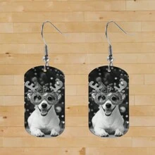 1Pair Personalized Family, Photo Stainless Steel Square Earrings, Black & White Photo, Customized With Engraved Name, Date, Text On Back, Christmas Gift - Black - View 9