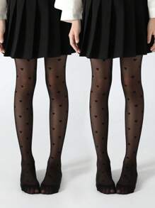 1/2/3 双女孩心形图案连裤袜，防勾丝连裤袜，适合日常穿着/返校穿着 - 黑與白 - 查看 8