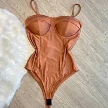 Kit 2 Women's Bodysuits Basic Retro Half Cup Bodysuit With Modeling Cups Tones - Óxido marrón - Ver 2