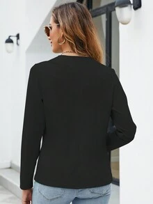 Women Solid Color Long Sleeve Open Front Casual Jacket, Spring Autumn Black - Black - View 3