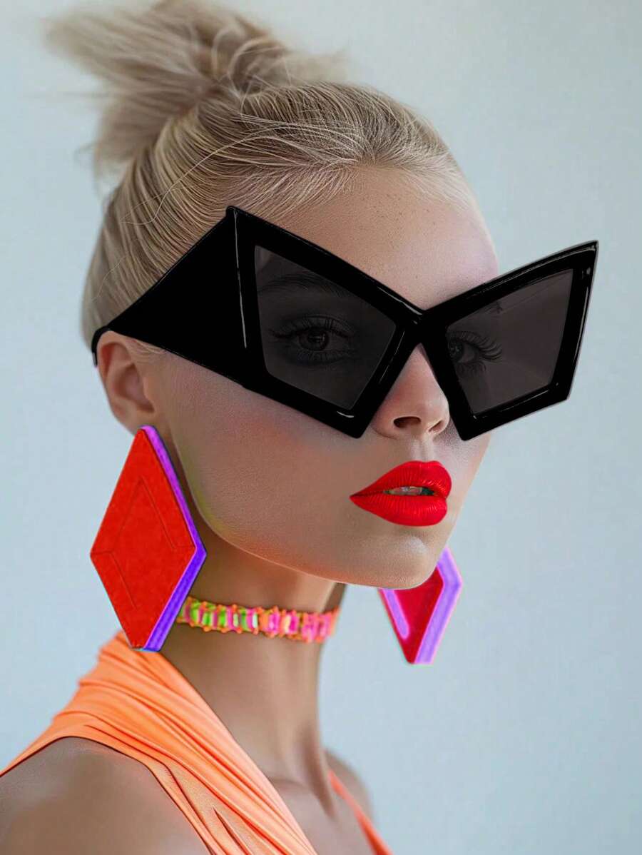 1pc Oversized Cat Eye Fashion Glasses, Personalized Retro Hiphop Beach Accessories, Rose Red Party Stylish Glasses, Bohemian Halloween Beach Decor, Women , Essential Autumn/Winter Item, Business Casual, Summer Beach Vacation, Outdoor, Travel Gift - màu đen - Xem 1