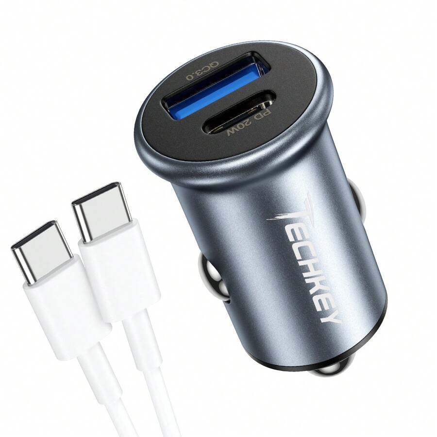Cargador rápido de coche de aleación de aluminio de 38W con QC3.0 + PD, pequeño y portátil, con 2 puertos USB tipo C, incluye cables de datos