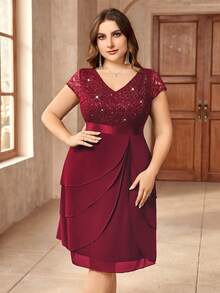 Sequin Lace V-Neck Ruffle Hem Chiffon Midi Skirt, Semi-Formal Party Wear - Red - View 4