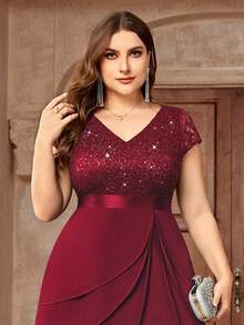 Sequin Lace V-Neck Ruffle Hem Chiffon Midi Skirt, Semi-Formal Party Wear - Red - View 8