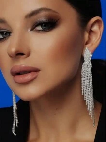 Pendientes con cruz totalmente enjoyada con strass y borla, pendientes de novia de boda con CZ brillantes, pendientes colgantes elegantes como regalo de fiesta - Plateado - Ver 3