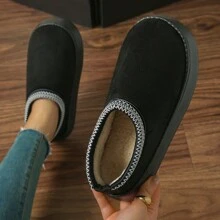 Botines de tobillo de peluche para mujer de invierno, cálidos y gruesos para uso interior/exterior con diseño cerrado en un solo color, cómodos y silenciosos - Negro - Ver 4