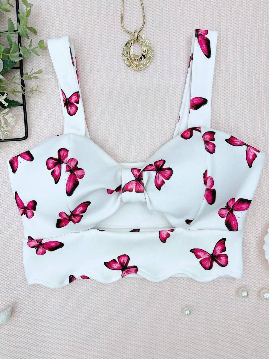ELLIE Women's Cropped Top Butterfly Tie Neoprene Summer Inspiration Tie With Pad - Màu Hồng Tươi - Xem 1