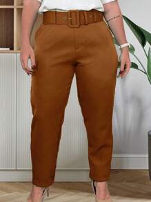 Calças Plus Size Corte Social Alfaiataria com Cinto Elegante Casual Moda Feminina - Bronze - Visão 2