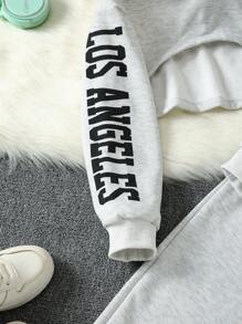 3 sztuki/zestaw Dziewczęcy letni modny strój, krótka bluza z kapturem, koszulka na ramiączkach i zestaw spodni sportowych / Dziewczęcy zestaw wiosna jesień zima, bluza z długim rękawem, koszulka na ramiączkach i spodnie dresowe, swobodny sweter z nadrukiem Los Angeles, dziecięcy strój sezonowy, dzianina, rozciągliwy, nadruk graficzny, regularny krój, mieszanka poliestru, na zewnątrz
