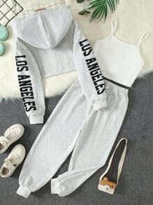 3 sztuki/zestaw Dziewczęcy letni modny strój, krótka bluza z kapturem, koszulka na ramiączkach i zestaw spodni sportowych / Dziewczęcy zestaw wiosna jesień zima, bluza z długim rękawem, koszulka na ramiączkach i spodnie dresowe, swobodny sweter z nadrukiem Los Angeles, dziecięcy strój sezonowy, dzianina, rozciągliwy, nadruk graficzny, regularny krój, mieszanka poliestru, na zewnątrz