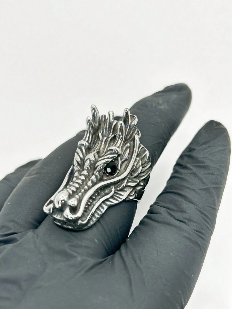 Men's Stainless Steel Gold Plated Chinese Dragon Ring - Bạc - Xem 1