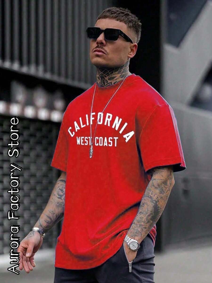 Men's Oversized California West Coast 100% Cotton T-Shirt From S To Plus Size G3 - 紅白色 - 查看 1