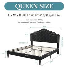 Full/Queen/King Size Bed Frame With Adjustable Velvet Tiara Headboard, Upholstered Diamond Button Tufted Platform Bed, Wood Slats Support, No Box Spring Needed, Black/Grey/White - 黑色 - 查看 10