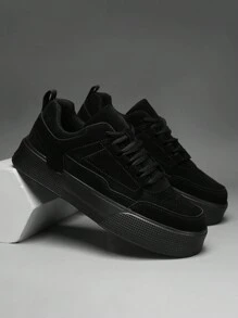 男士简约灰色个性拼接休闲运动鞋，浪漫风别致低帮滑板鞋，户外时尚旅行徒步情侣鞋 - 黑色 - 查看 10