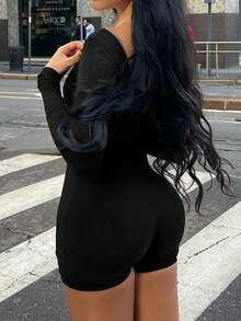 AiTyi 女士连体裤，修身剪裁，休闲简约圆领显瘦廓形，时尚性感百搭，适合户外运动，毕业季、返校季、圣诞节、新年、感恩节、秋冬季罗纹针织长袖连体裤，黑色，春季优雅款 - 黑色 - 查看 3