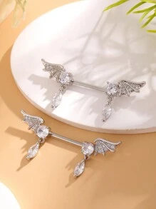 1 对蝙蝠翼锆石不锈钢乳头环，经典女性乳房首饰 - 銀色 - 查看 2