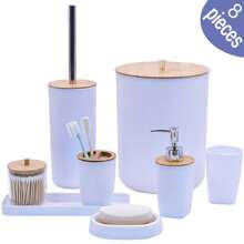 8 pièces, accessoires de salle de bain de luxe en plastique et bambou, distributeur de savon, porte-savon, porte-brosse de toilette, porte-brosse à dents, gobelet, plateau de vanité, distributeur de cotons-tiges, cadeau d'anniversaire, pendaison de crémaillère, Noël, coffret cadeau de vacances (blanc, noir et gris) Rentrée des classes