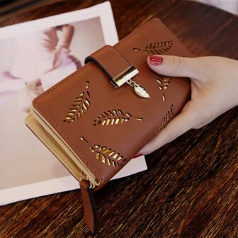 Hollow Leaves Women Wallet Zipper Wallet Card Holder With Holder With Wristlet Birthday Gifts Gifts For Friends For Daily PU Leather Minimalist Fashion Casual For Student Wallet For Women Wallet Purse Wallet Long Wallet