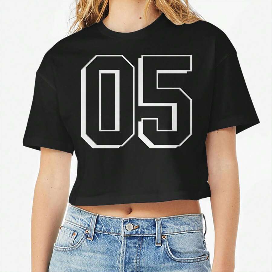 Nearly There 5 Five White Number Graphic Ladies Cotton Crop Top T-Shirt - 黑色 - 查看 1