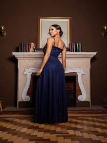 Gabriela Brilliant Tulle Side Cross Dress - 藏蓝色 - 查看 4