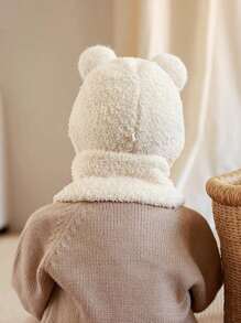 1 set Chapeau de protection auditive et écharpe bébé beige moelleux à double pompon, 2 pièces/ensemble