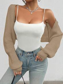Women Spring/Autumn Casual Solid Color Ribbed Knit Raglan Sleeve Cardigan,Long Sleeve Tops - Khaki - View 4