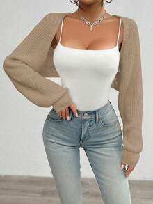 Women Spring/Autumn Casual Solid Color Ribbed Knit Raglan Sleeve Cardigan,Long Sleeve Tops - Khaki - View 3