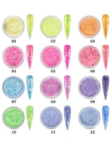 12pcs/Set Acrylic Powder Kit, 12 Colors/Set 10ml Box Mermaid Hexagon Glitter Acrylic Powder For Nail Art, Sculpture Dipping 3-In-1 Professional Acrylic Polymer Glitter Nail Powder, No Need Nail Lamp - 彩色 - 查看 2