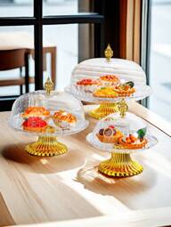 1 pezzo Alzata per torta in acrilico con vassoio, copertura del manico in acrilico trasparente, base di colore oro, piatto espositivo per cucina, festa di compleanno, matrimonio, regalo da cucina, regalo di Natale