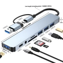 USB C Hub USB Hub 3.0, VIENON Aluminium 8 in 1 USB Splitter mit 1 x USB 3.0, 3 x USB 2.0 und 1 x USB C, SD/TF-Kartenleser, 3,5 mm Audio Aux-Anschlüsse kompatibel mit MacBook Pro Air und weiteren PC/Laptop/Tablet Geräten/Galaxy Handy Adapter