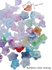 50 piezas Cuentas de flor de campana de acrílico con degradado, cuentas sueltas pequeñas de flores de trompeta Mabelle iridiscentes / lirio del valle / lirio / pequeña flor para accesorios DIY de joyería, pulseras, adornos colgantes - Mezclar colores aleatoriamente - Ver 3