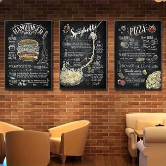 Set Of 3 Optional Frame Retro Fast Food Hamburger Pizza Spaghetti Poster, Aesthetic Room Decor, Waterproof Canvas Wall Art, Artwork Wall Painting For Gift,Kitchen, Dining Room, Living Room, Cafe, Bar, Wall Decor , Home And Dormitory Decoration