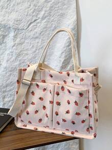 Bolso de totora casual con estampado de fresa de gran capacidad y múltiples bolsillos de pana, con cierre magnético y bolsillo interior, adecuado para la calle, la playa, el transporte diario y un lindo monedero con forma de fresa para San Valentín, bolsos de totora para estudiantes, con múltiples compartimentos, perfecto para la playa, la escuela, el trabajo y el uso diario - Multicolor - Ver 7