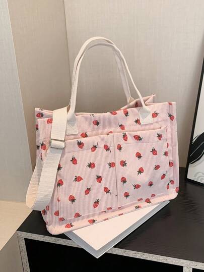 Bolso de totora casual con estampado de fresa de gran capacidad y múltiples bolsillos de pana, con cierre magnético y bolsillo interior, adecuado para la calle, la playa, el transporte diario y un lindo monedero con forma de fresa para San Valentín, bolsos de totora para estudiantes, con múltiples compartimentos, perfecto para la playa, la escuela, el trabajo y el uso diario