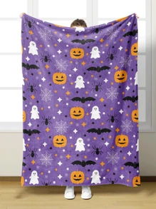 1 pieza Manta de Halloween, manta de forro polar suave y cálida con estampado de murciélagos, arañas y calabazas, para sofá, oficina, cama, camping, siesta, manta multiusos para todas las estaciones, regalo