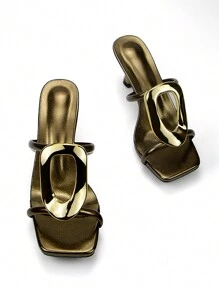 Women's Elegant Chic Gold Hardware Decor Bronze Metallic Fabric Comfy Pointy Toe Dailywear & Party Stiletto High Heel Mule Sandals