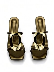 Women's Elegant Chic Gold Hardware Decor Bronze Metallic Fabric Comfy Pointy Toe Dailywear & Party Stiletto High Heel Mule Sandals